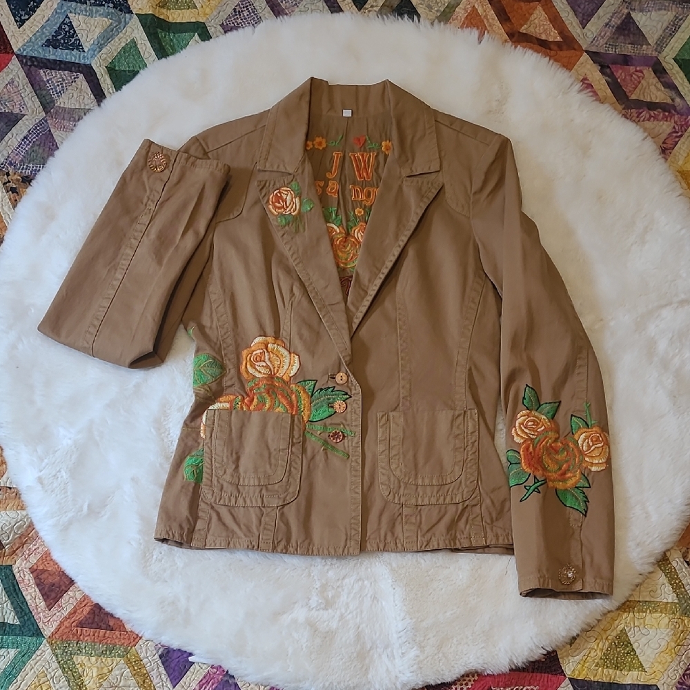 Johnny Was Colorful Embroidered Floral Boho Hippie Floral Tan Jacket Small